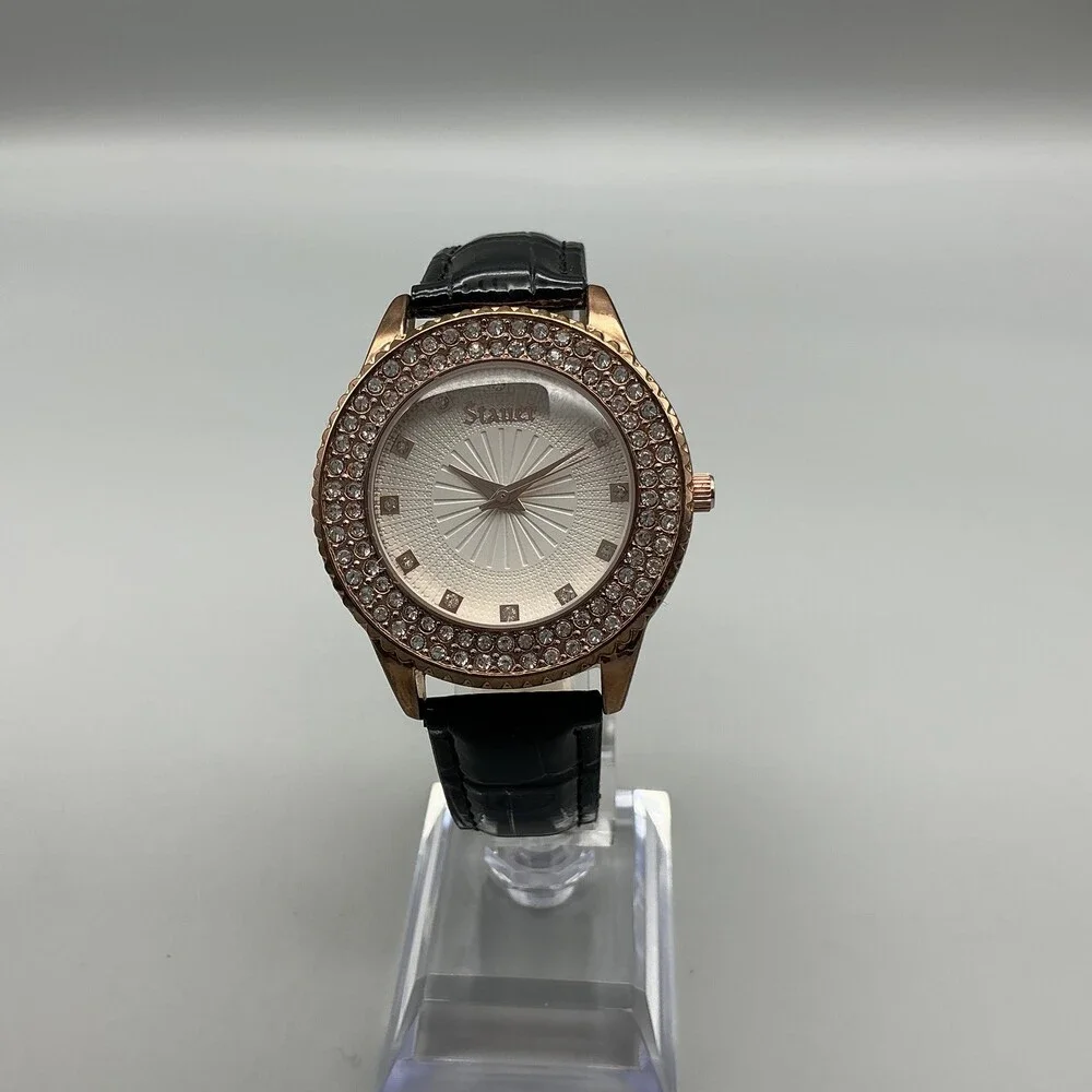 Stauer Womens Watch 38mm Silver Gold Tone Crystals Black Leather Strap